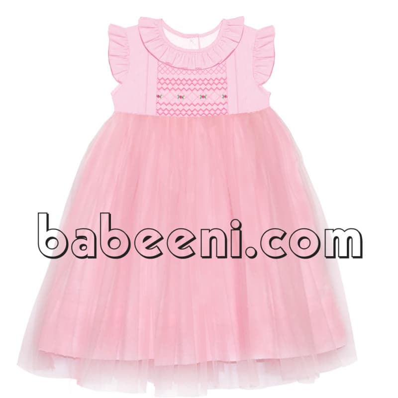 Pink party dress with smocked geometric patterns _ DR 2352